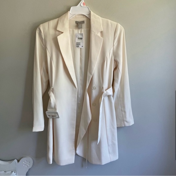 CREAM COAT DRESS TRENCH COAT BELT LINED LONG SLEEVE COLLAR BUCKLE - Picture 4 of 4